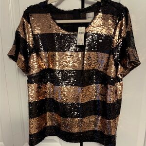 Maeve Black and Gold Sequin Stripe Short Sleeve Tee NWT